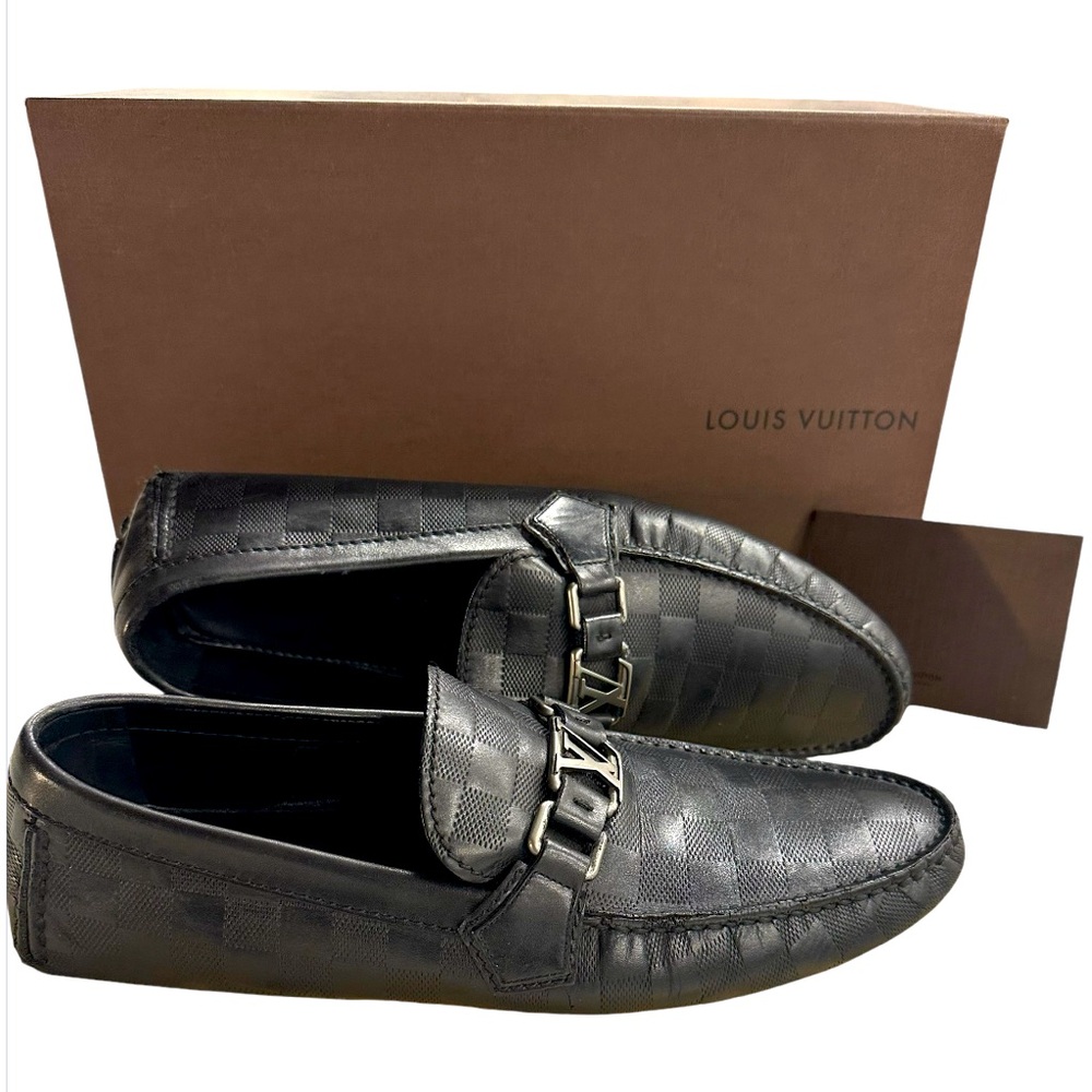 Louis Vuitton Black Damier Leather Hockenheim Slip On Loafers Size 8 Uk/ 9 US